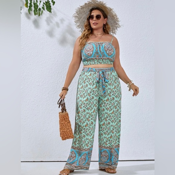 Shein Bo-Ho Floral Print Crop Cami Top & Wide Leg Pant set - Picture 2 of 6